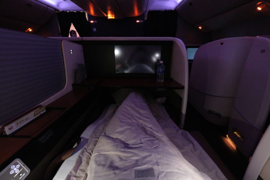 JAL first class bed with author in it