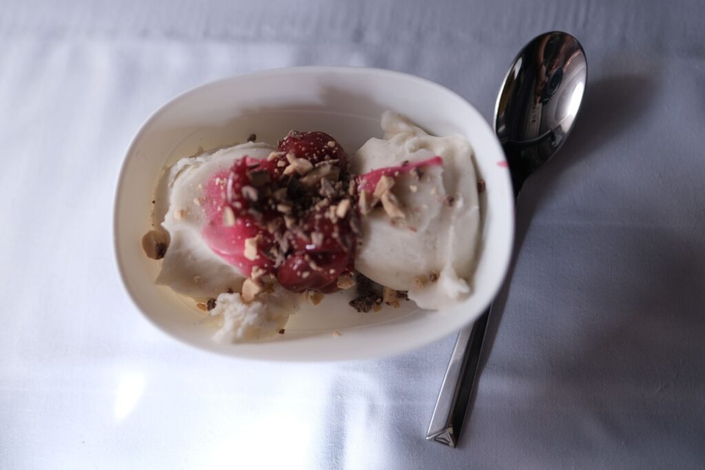 Vanilla Ice Cream with raspberry sauce and chocolates.
