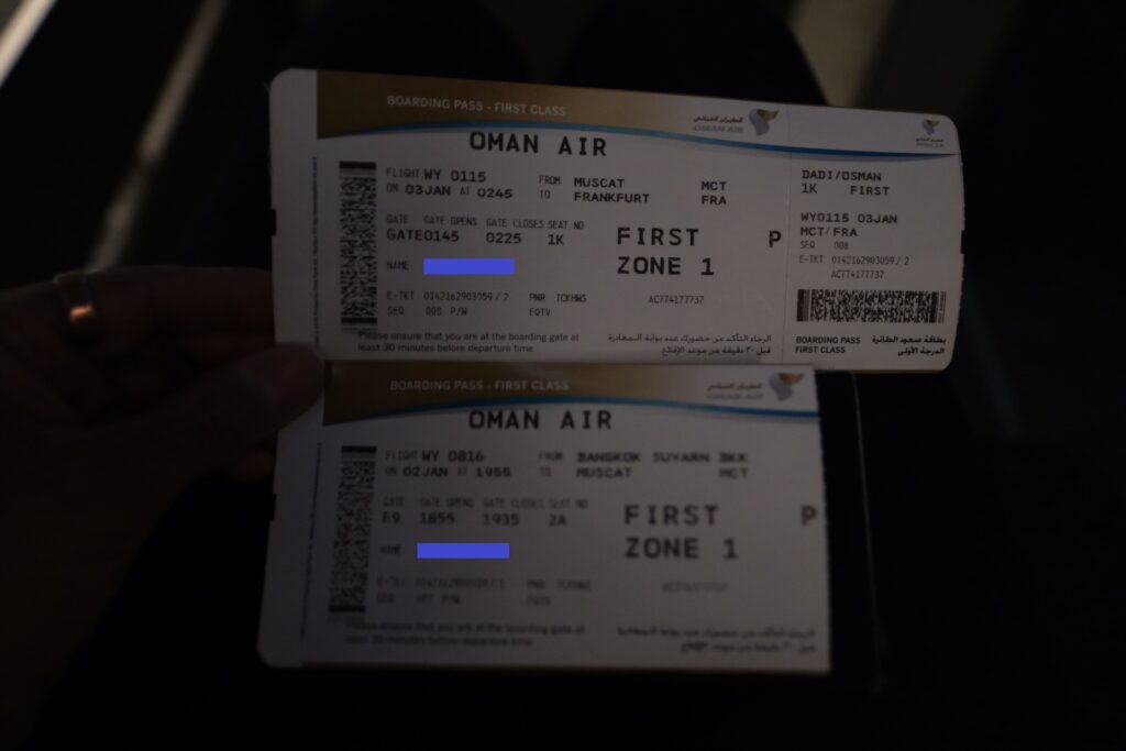 My Oman Air First Class boarding passed for both my flights