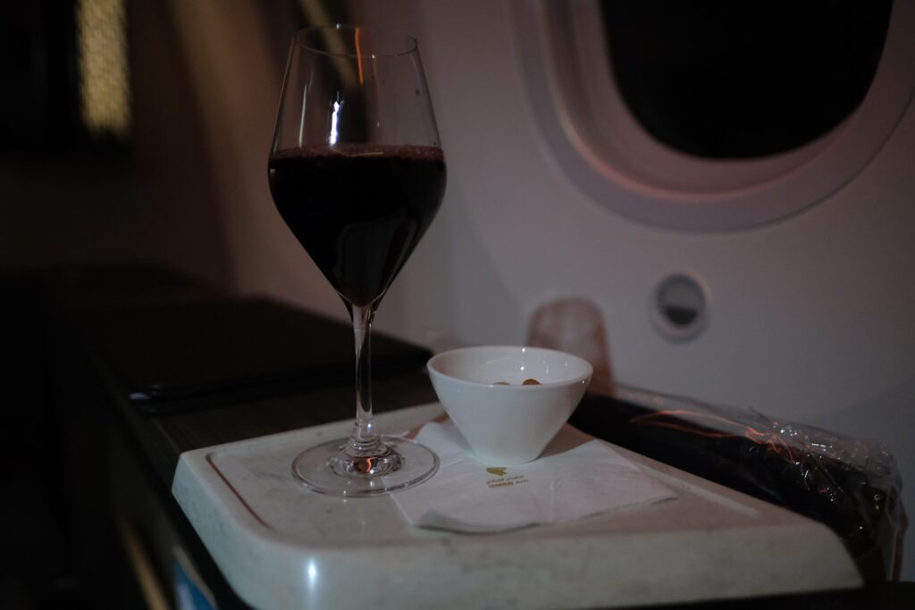 Oman Air first class wine and nuts