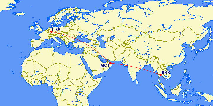 Oman Air Route From Bangkok to Frankfurt via Muscat