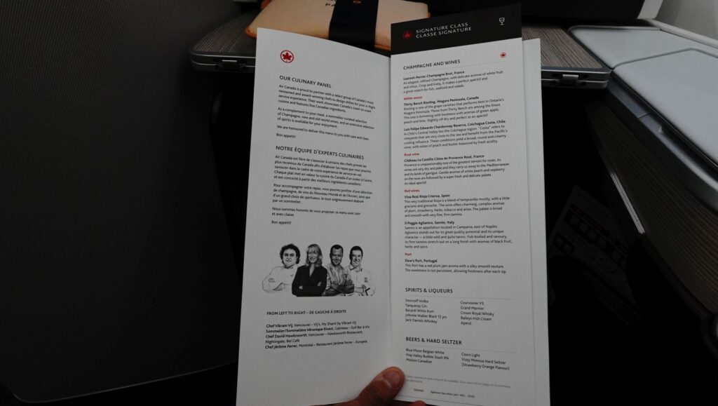 Air Canada Business Class menu