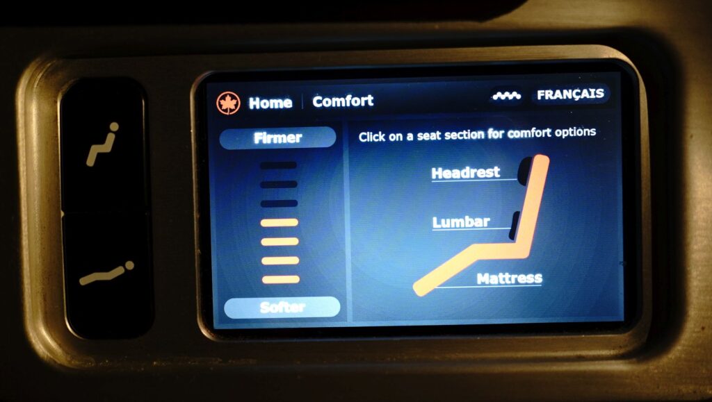 Air Canada Business Class seat controls touch screen