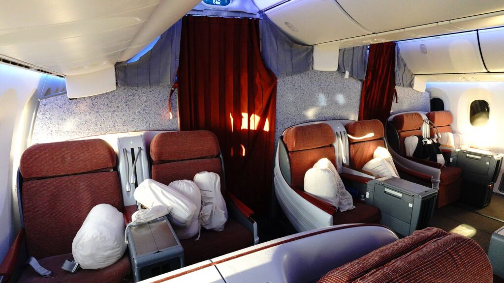 The back of the airy LATAM business class cabin
