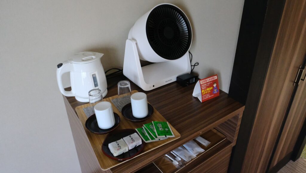 The room comes with few amenities - as there is no A/C, only the fan provides cooling