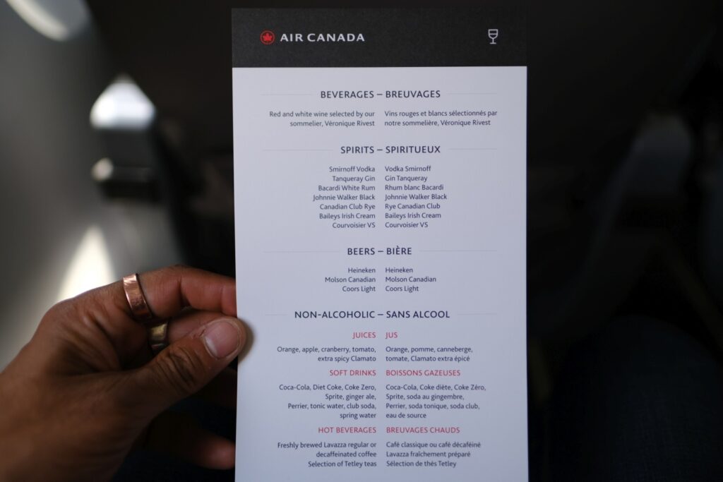 Air Canada Jazz Business Class Drinks Menu