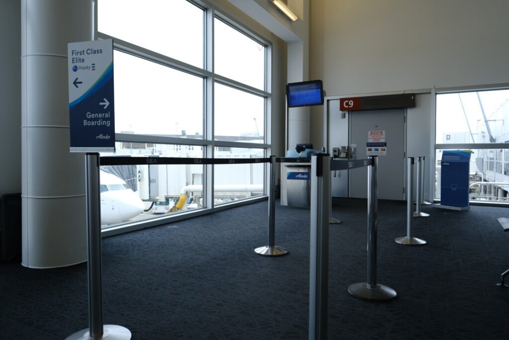 Gate C9 before the rush to board my Alaska Airlines economy flight to JFK