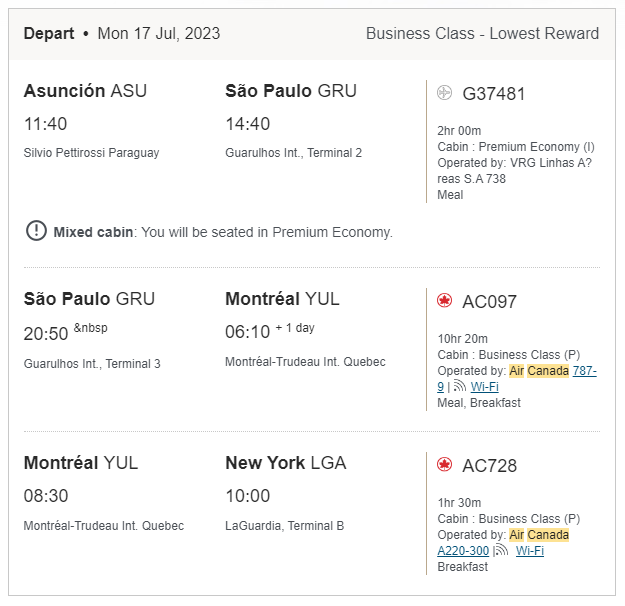 My final itinerary for 92,300 points plus C$145/$110 in taxes and fees
