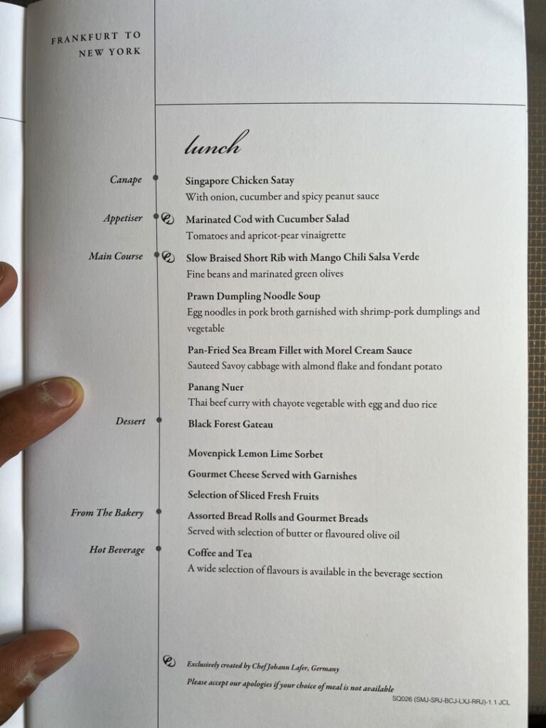 SQ business class FRA-JFK lunch menu