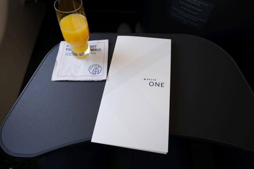 Delta One Business class menu and Orange Juice