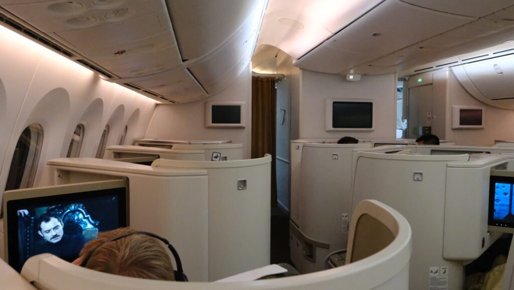The business class cabin just before the dinner service