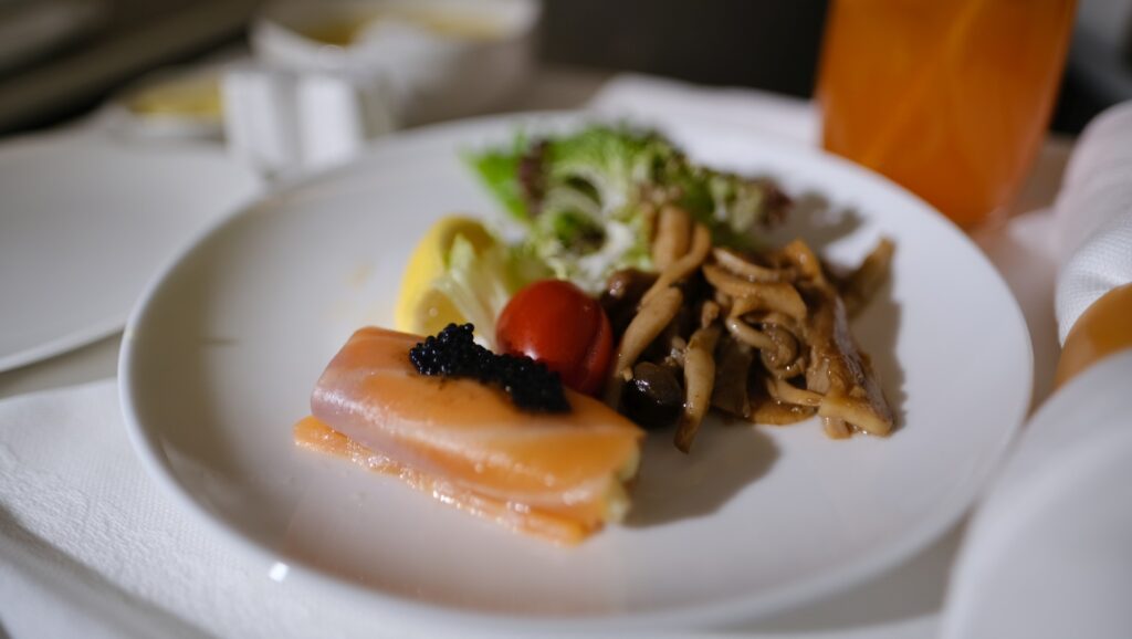 Smoked Salmon with Black Caviar, Mixed Mushrooms with Balsamic, light greens and tomatoes