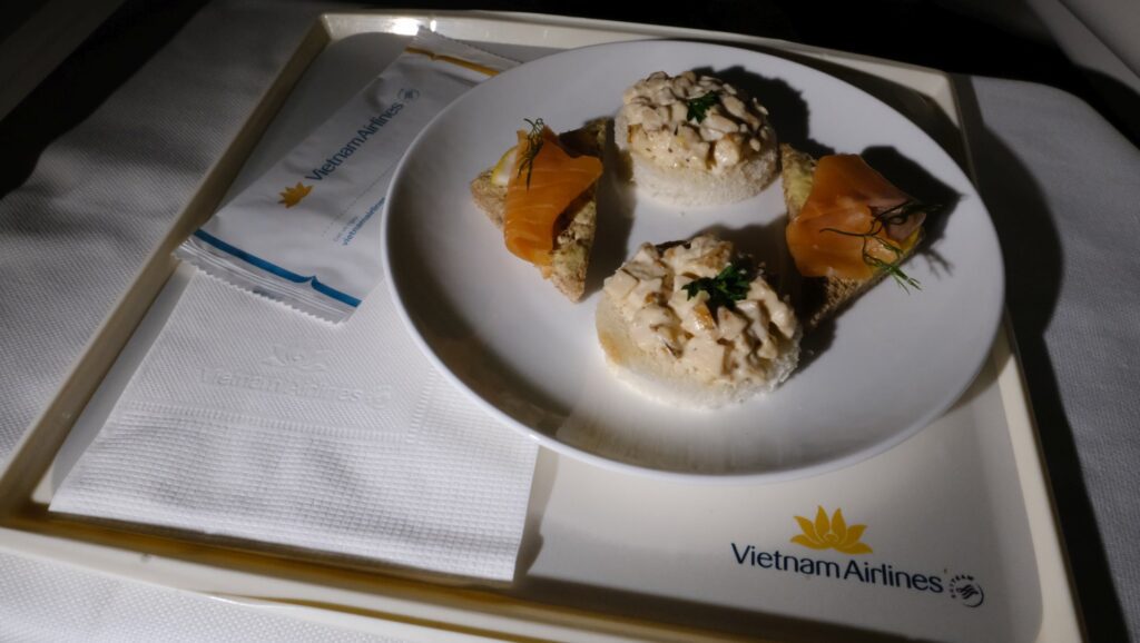 Vietnam Airlines business class mid flight Salmon open Sandwich