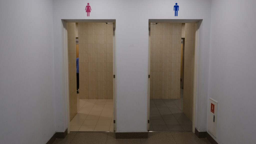 The entrance to the male and female bathrooms 