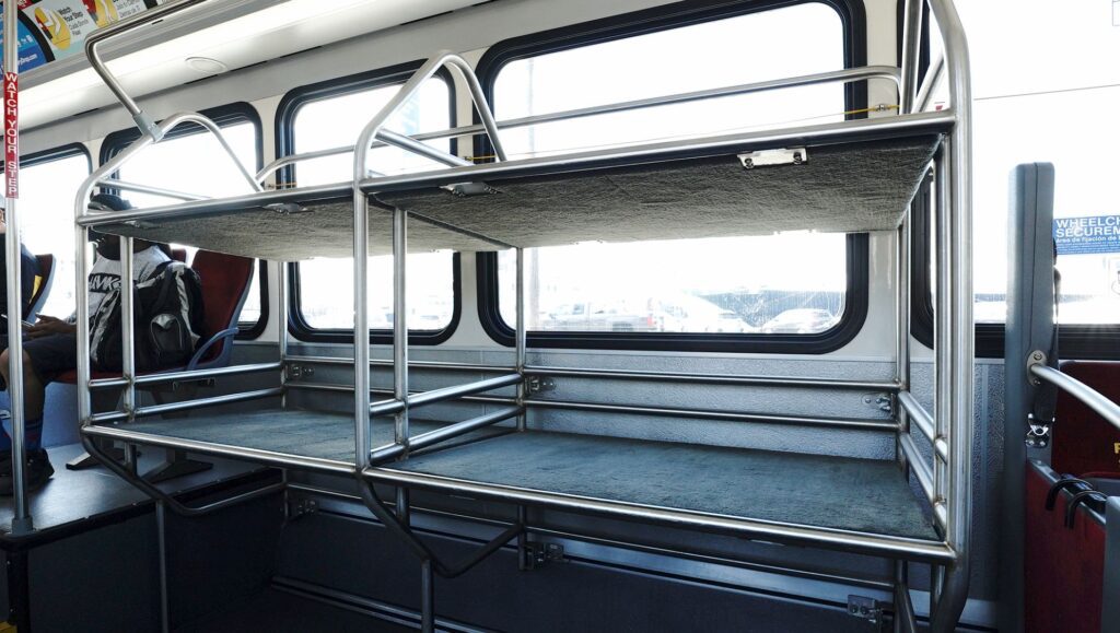 The bus comes with luggage racks
