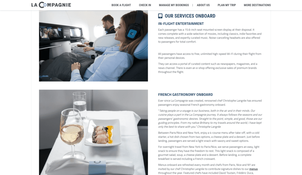 LaCompagnie offers WiFi, IFE, and French gastronomy