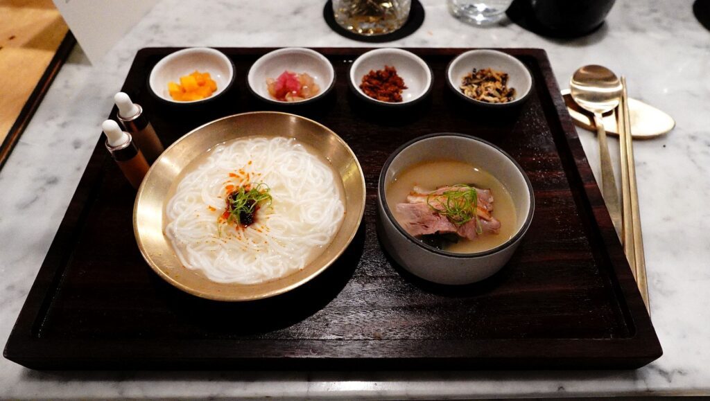The Guksu Rice Noodles and Crescent Ducks Banchan can be plain or complex as you like