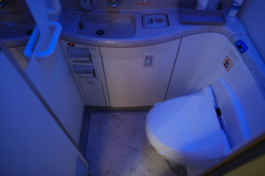 View into the Japanese Airlines business class bathroom