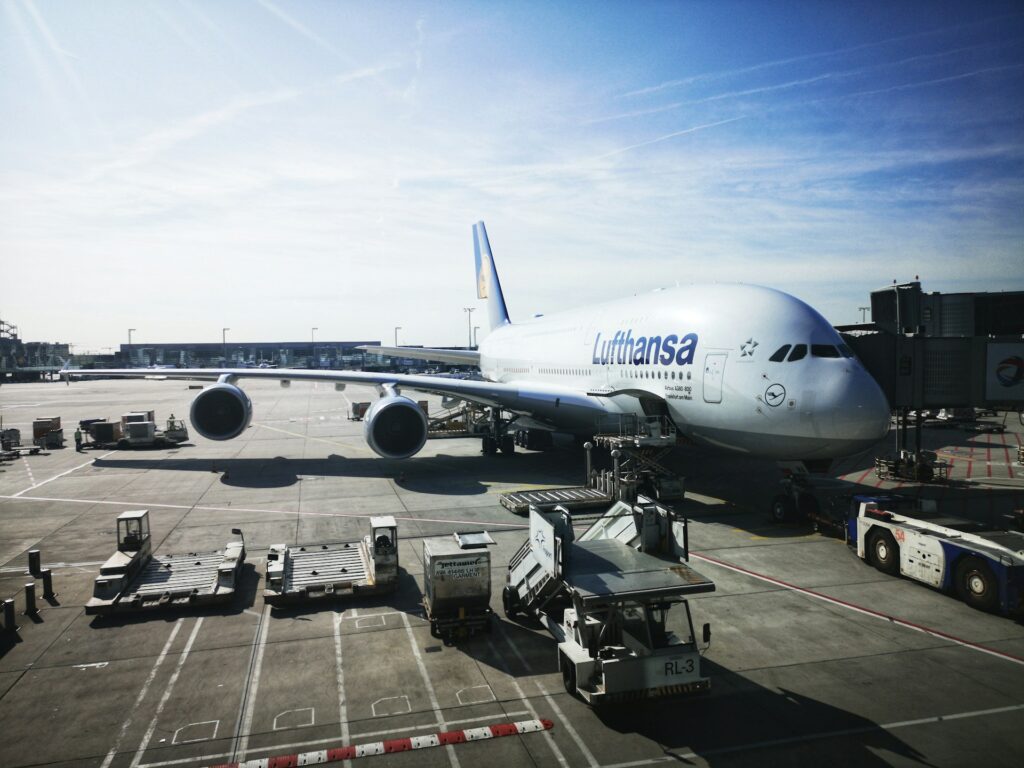 A Lufthansa A380 at the gate 