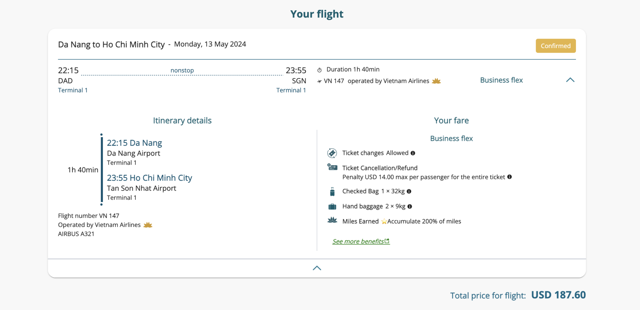 Vietnam Airlines A321 Business Class Da Nang to Ho Chi Minh City