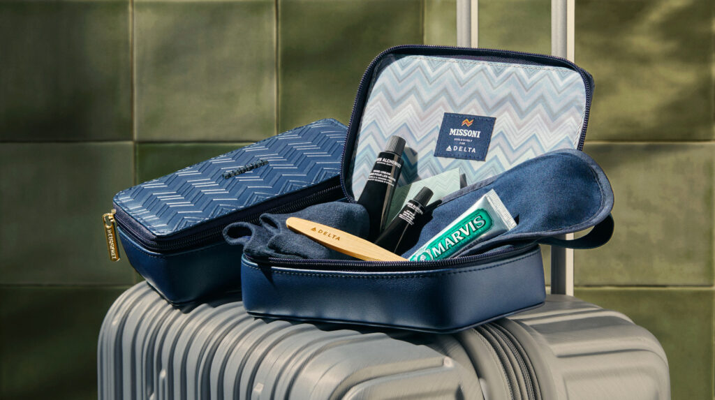 The new Delta Missoni amenity kit with all its contents.