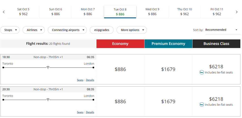 Air Canada business class from Toronto to London