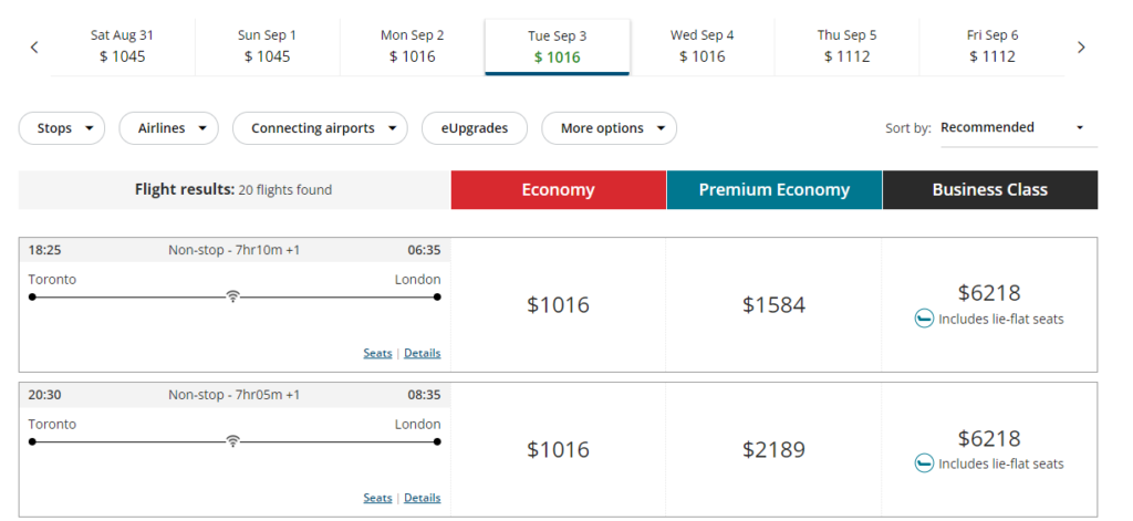 Air Canada business class pricing