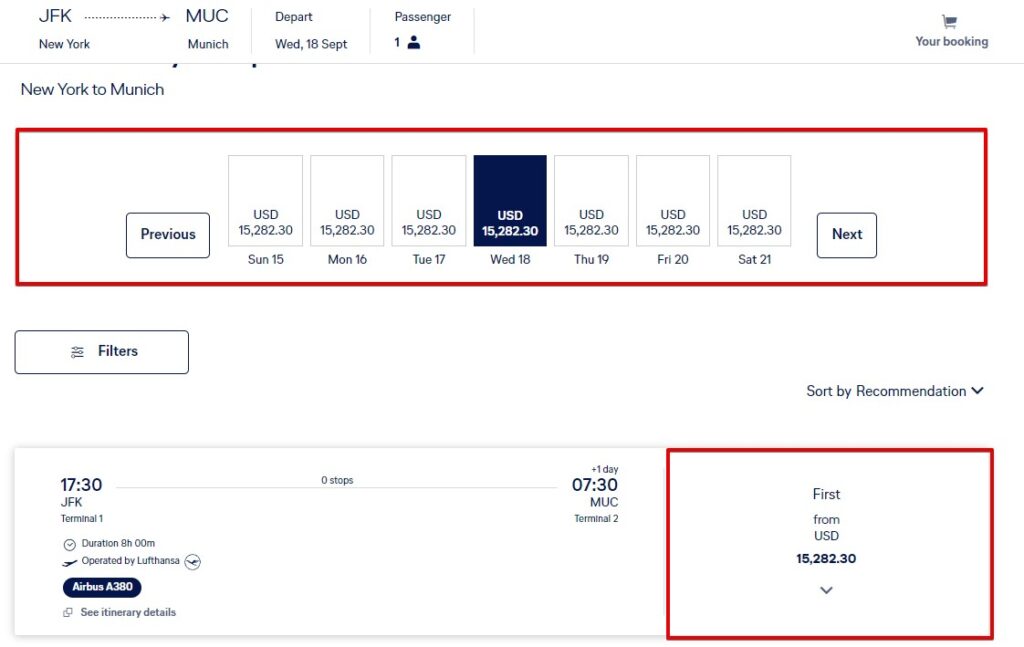 Cash price of Lufthansa first class ticket from New York to Munich